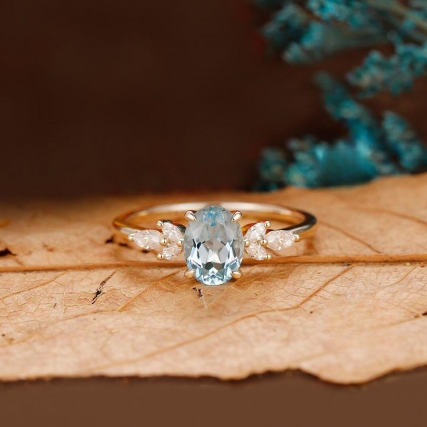 Oval Aquamarine & Marquise Diamond Leaf Ring 