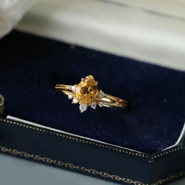 Drop Citrine & Diamond Set Wedding Rings SS0244