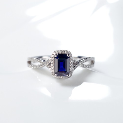Emerald Cut Dark Blue Sapphire Diamond Ring SS0006
