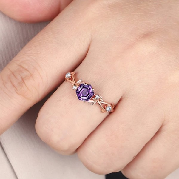 Hexagon Cut Amethyst & Diamond Ivy Leaf Ring 