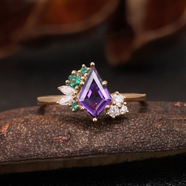 Kite Amethyst Emerald & Diamond Asymmetric Ring 