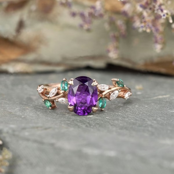 Oval Amethyst & Diamond Leaf Ivy Ring SS0401