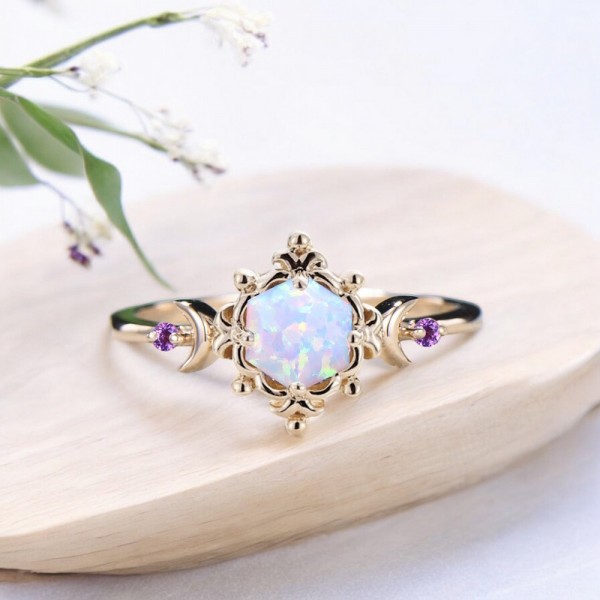 Hexagon Opal & Sapphire Moon Ring 