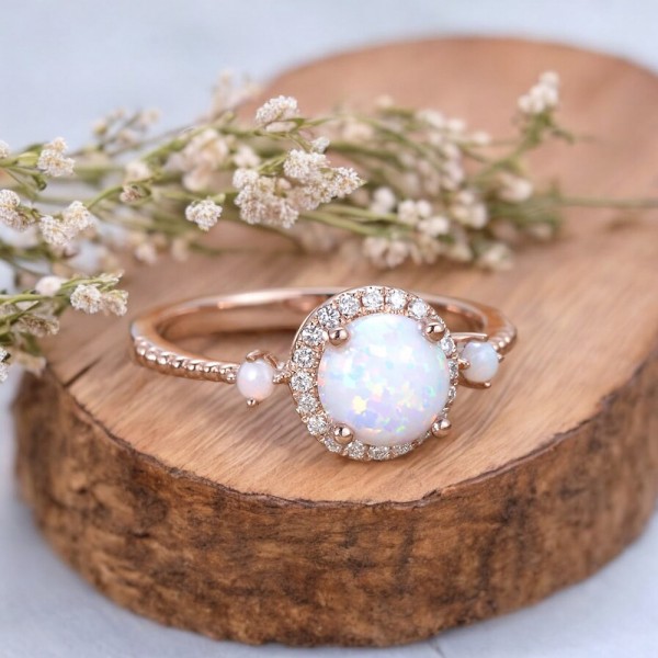 Opal & Diamond Engagement Proposal Ring 