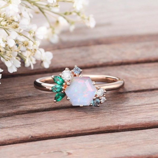 Opal & Diamond Emerald Tourmaline Asymmetric Ring 