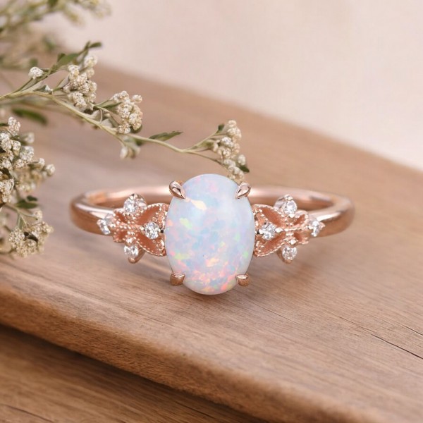 Oval Opal & Diamond Vintage Engagement Ring 