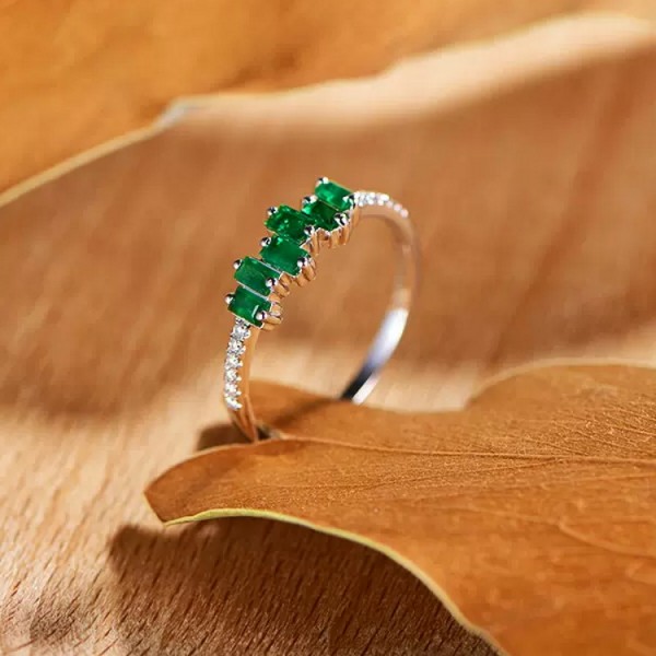 Baguette Emerald & Diamond Asymmetric Ring SS0258