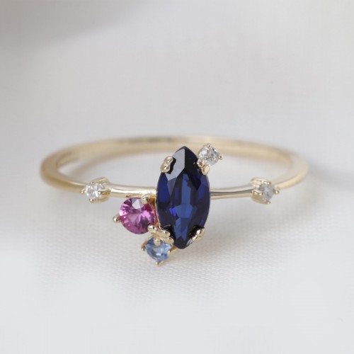 Marquise Sapphire & Diamond Asymmetric Ring SS0106